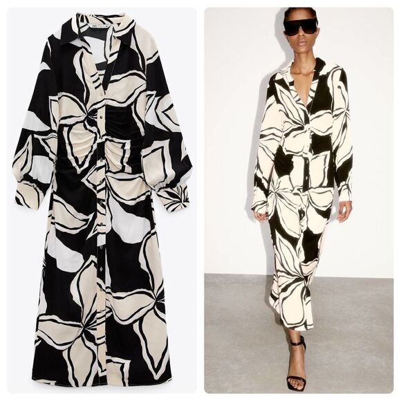 ZARA Floral Print Viscose Midi Shirt Dress New - Picture 2 of 11